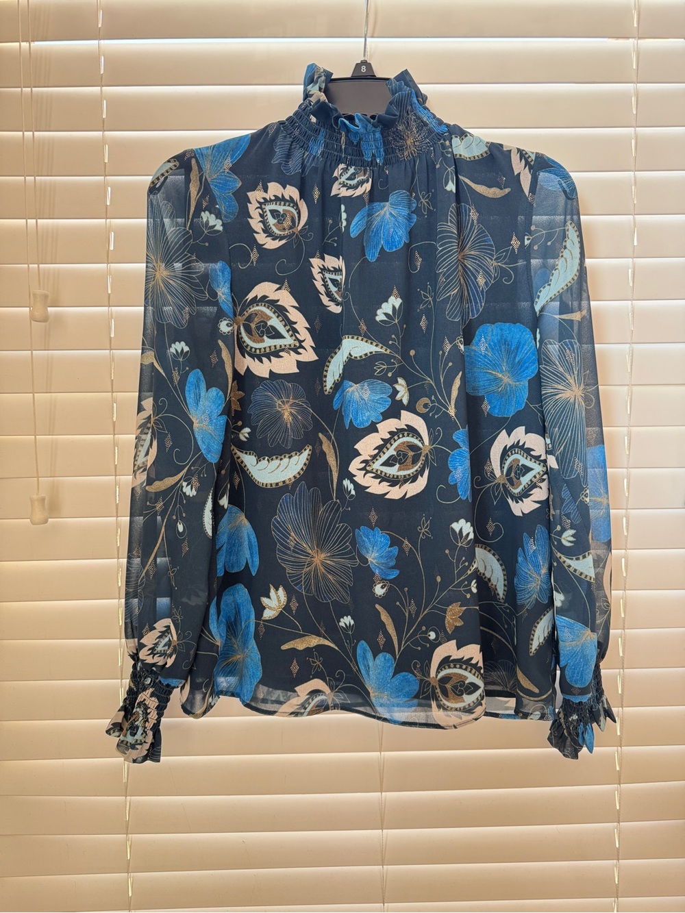 Tuckernuck Sadie Top S Nouveau Floral Smocked Mock Neck Sheer Lined Blouse - Picture 2 of 10